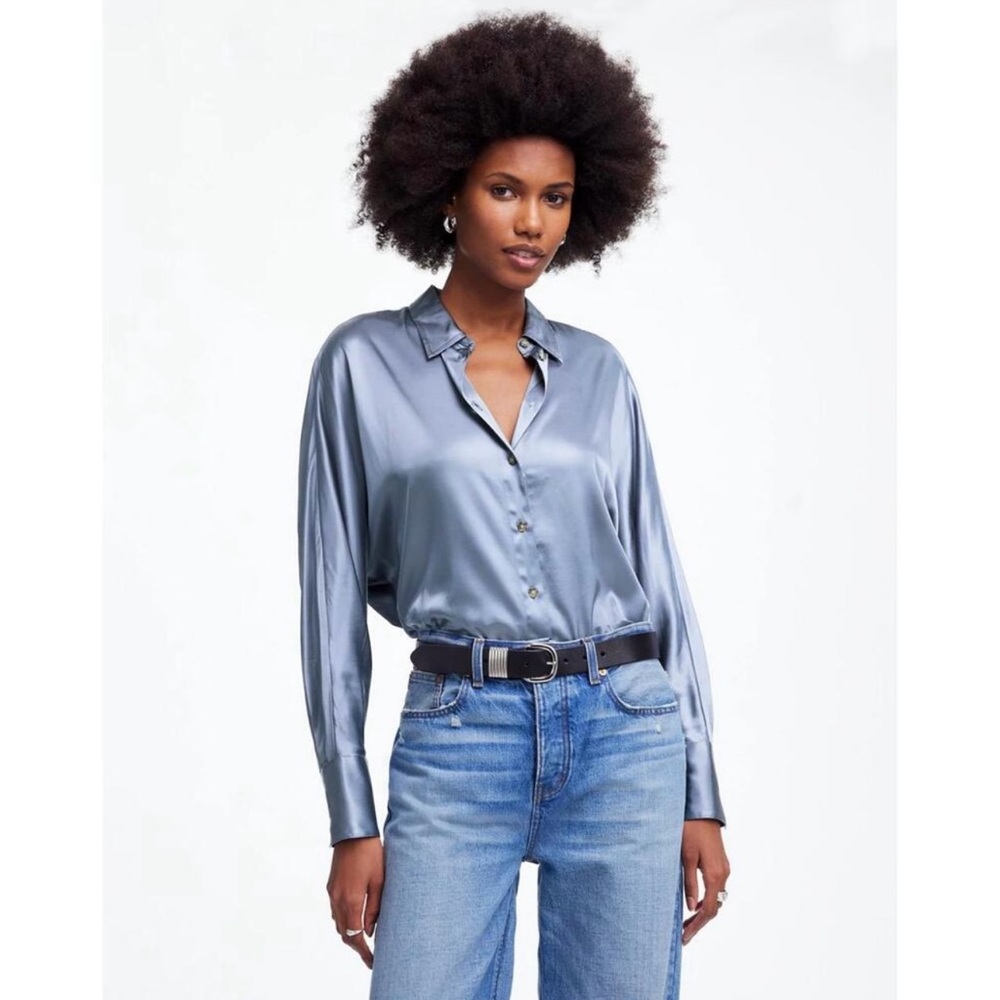NWT Madewell Relaxed Dolman Button-Up Shirt Satin Teapot Blue